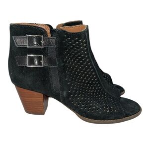 Vionic Women's Booties Size 7 Black Suede "Aloft Chryssa" Open Toe Side Zip